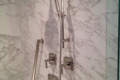 Example of a large transitional master gray tile, white tile and marble tile marble floor corner shower design in Other with beaded inset cabinets, white cabinets, an undermount tub, an undermount sink and granite countertops