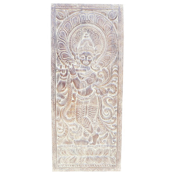 Consigned Vintage Hand Carving Lord Krishna With a flute, his Hand Barn Door