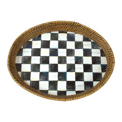 Courtly Check Rattan & Enamel Tray - Large | MacKenzie-Childs - Serving Dishes And Platters