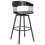 Armen Living - Athena Swivel Black Wood Counter Stool, Gray Faux Leather With Black Metal, 27" - Bring sophisticated style and comfort to your home with our Athena Upholstered Swivel Bar or Counter Stool. With bentwood construction, our bar stool features a stunningly streamlined and striking barrel back. Its sleek and eye-catching curves are complemented by an airy metallic frame and splayed legs for a stunning visual impact. An enveloping silhouette and padded seat promise a comfortable sit in a kitchen or lounge. Our barstool is available in both faux leather and high-performance fabric to best suit the daily wear and tear of your home. Expertly crafted from metal and engineered wood, the counter stool shows off a mixed material elegance to work well anywhere from your kitchen to a home office. It can complement a kitchen island, pub table, home bar, or adjustable desk, bringing a dose of style and comfort. Our modern bar stool comes with a wonderful 360-degree swivel with a smooth gliding system, allowing you to join conversations around the counter or work with ease and efficiency. The Athena swivel bar or counter stool easily incorporates into any home and is available in your choice of 27-inch or 31-inch seat height in a walnut wood finish with black, cream, and gray faux leather upholstery or a black wood finish with your choice of light gray or blue fabric or gray faux leather upholstery.