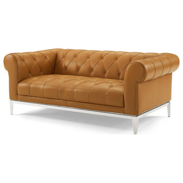 Modern Designer Living Room Lounge Club Lobby Loveseat Sofa, Leather, Tan Brown