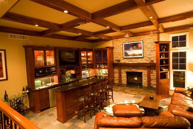 Mid-sized minimalist walk-out ceramic tile basement photo in Denver with beige walls