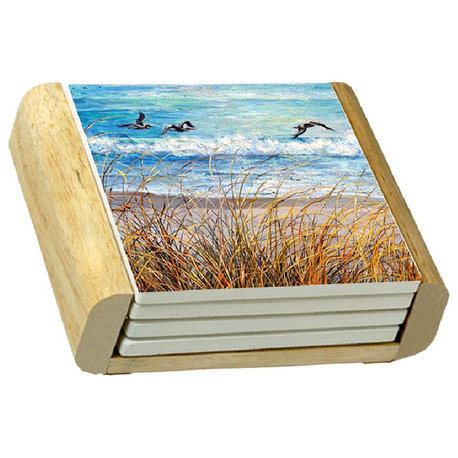 Stone Coasters Wood Holder Coastal Beach Watch Set of 4