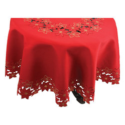 Xia Home Fashions - Festive Poinsettia Embroidered Cutwork Christmas Round Tablecloth, 70" - Tablecloths