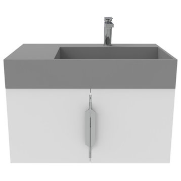 Amazon 30" Right Wall Mounted Bathroom Vanity, White, Gray Top, Chrome Handles