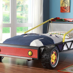 HOMELEGANCE 2009T-1 TRACK CONTEMPORARY RED KIDS TWIN RACE CAR BED - Kids Beds