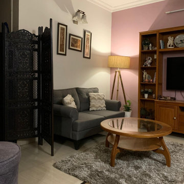 Cozy Living Corner (Grey Sofa + Wooden Shelves)
