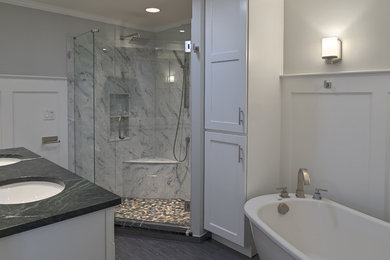 Mid-sized trendy master mosaic tile porcelain tile freestanding bathtub photo in Other with shaker cabinets, white cabinets, soapstone countertops and gray walls