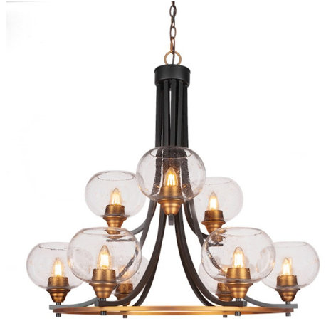 Toltec Paramount 9 Light 28.5" Chandelier, BK/Brass/Clear Bubble