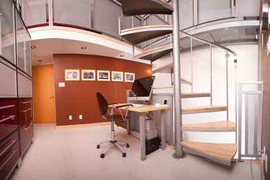 Inspiration for a mid-sized timeless freestanding desk carpeted study room remodel in Toronto with brown walls