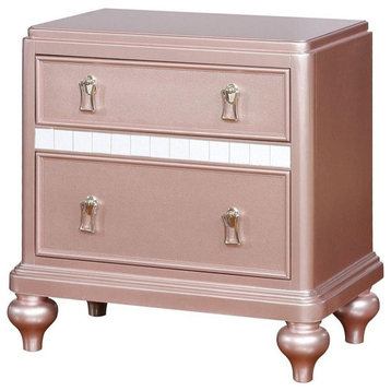 2 Drawers Wooden Nightstand With Mirror Trim, Rose Gold