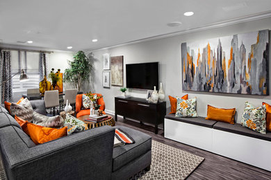 Design ideas for a large contemporary look-out basement in Chicago with grey walls and no fireplace.