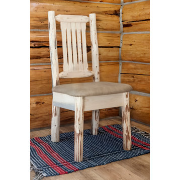 Side Chair, Clear Lacquer Finish With Upholstered Seat, Buckskin Pattern