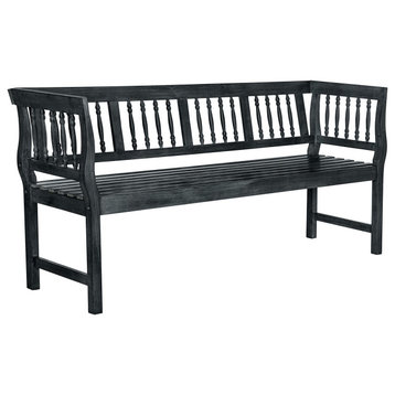Unique Outdoor Bench, Acacia Wood Seat and Elegant Slatted Back, Dark Slate Blue