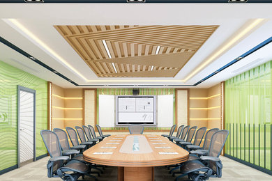 Idées déco pour un bureau moderne de taille moyenne avec un mur vert, moquette et un sol blanc.