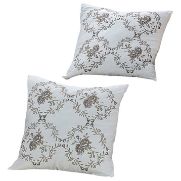 Rose Embroidery 2 Piece Pillow Shell Set, 26" X 26", Taupe