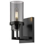 Innovations Lighting - Utopia 1 Light 8" Wall-mounted Sconce, Matte Black, Plated Smoke Glass - Modern and geometric design elements give the Utopia Collection a striking presence. This gorgeous fixture features a sharply squared off frame, softened by a round glass holder that secures a cylindrical glass shade.