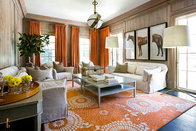Example of a huge transitional formal and enclosed dark wood floor living room design in Atlanta with beige walls, no fireplace and no tv