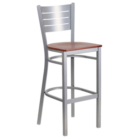 Hercules Series Silver Slat Back Metal Restaurant Barstool, Cherry Wood Seat