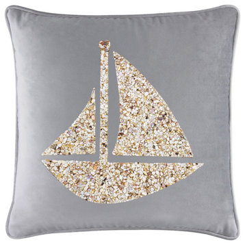 Sparkles Home Shell Sailboat Pillow, Silver Velvet, 16x16"