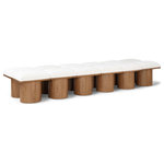 Meridian Furniture - Pavilion Black Boucle Fabric Bench, Cream, Walnut Brown Finish, 108" W X 31" D X 17.5" H - Bring valuable seating and remarkable style to your space with this cream Pavilion boucle fabric bench, an exquisite balance of style and usability for the entryway, bedroom, and beyond. Crafted from oak veneer with a walnut brown finish, this bench has a 4-inch-thick seat cushion that's channel-tufted for a touch of luxury. The bench's columnar bases add a dash of art deco design, making it a captivating focal point in any room.