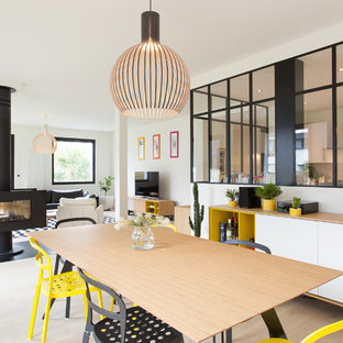 レンヌの中サイズのコンテンポラリースタイルのLDKの画像 (白い壁、淡色無垢フローリング、両方向型暖炉、金属の暖炉まわり)