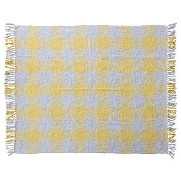 Hand-Woven Cotton Throw With Plaid Pattern and Fringe, Yellow and Cream