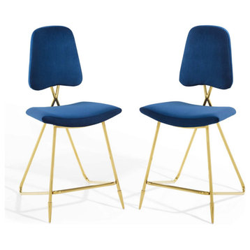 Counter Stool Chair, Set of 2, Velvet, Metal, Blue Navy, Modern, Bar Pub Bistro