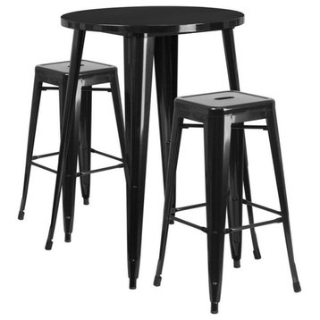 30" Round Black Metal Indoor-Outdoor Table Set, 2 Square Backless Stools