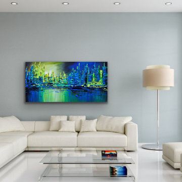 Large blue green skyline cityscape abstract art Modern Contemporary Paintings f