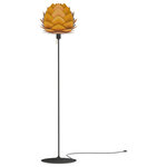 UMAGE - Aluvia Floor Lamp, Saffron/Black - Modern. Elegant. Striking. The VITA Aluvia is an artistic assemblage of 60 precision-cut aluminum leaves, overlapping each other on a durable polycarbonate frame. These metal leaves surround the light source, emitting glare-free, ambient light.  The underside of each leaf is painted white for increased light reflection, and the exterior is finished in one of six designer colors. Available in two sizes, the Medium (18.9"h x 23.3"w) can be used as a pendant or hanging wall lamp, while the Mini (11.8"h x 15.7"w) is available as a pendant, table lamp, floor lamp or hanging wall lamp. Hang it over the dining table, position it in a corner, or use as a statement piece anywhere; the Aluvia makes an artistic impact in any room.