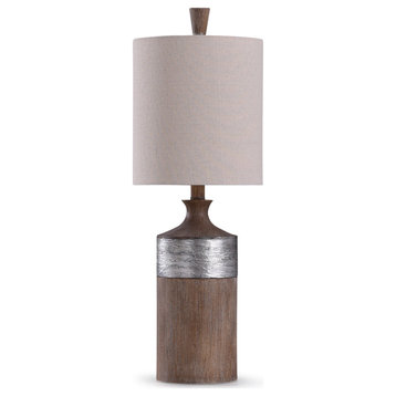 Darley Textured Banded Table Lamp, Wood and Silver Finish, Tan Cylinder Shade