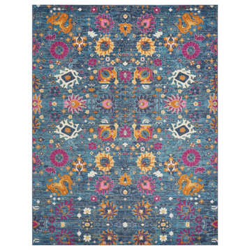 8' X 10' Blue And Orange Floral Power Loom Area Rug