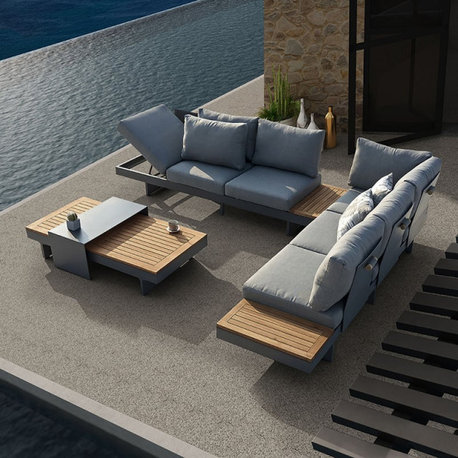 4 Pieces L Shape Outdoor Sectional Sofa Set with Wood Coffee Table in Gray