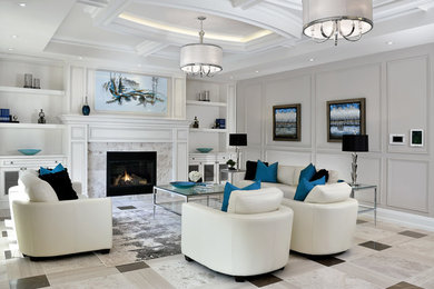 Example of a transitional open concept beige floor living room design in Toronto with beige walls, a standard fireplace and a stone fireplace