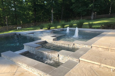 Photo of a large modern backyard custom-shaped natural pool in DC Metro with concrete pavers.