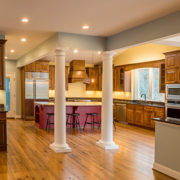 Open floor plan of kitchen and dining area.