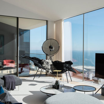 Living Room with Grey Sofa and River View, Lisbon