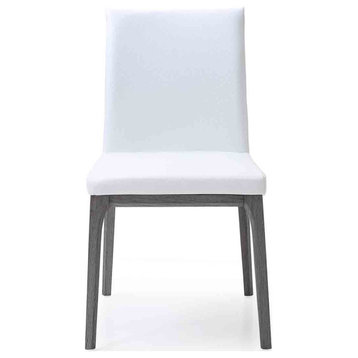 Stella Dining Chair, White Faux Leather, Solid Wood Gray