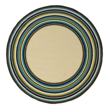 Coronado Indoor and Outdoor Border Ivory and Blue Rug, 7'10" Round