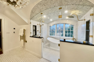 Bathroom - mid-sized transitional master white tile and ceramic tile ceramic tile, white floor and double-sink bathroom idea in DC Metro with furniture-like cabinets, brown cabinets, a bidet, an undermount sink, marble countertops, a hinged shower door, white countertops and a freestanding vanity