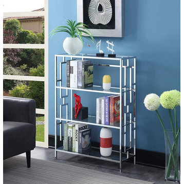 Contemporary Bookcase, Elegant Chrome Metal Frame With Clear Glass Shelves