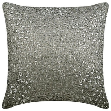 Silver Decorative Pillow Cover, Sequins 22"x22" Silk, Silver Wedding