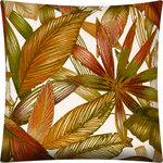 Joita, llc - Brazilia Red Indoor/Outdoor Pillow, Sewn Closure - BRAZILIA (red) is a tropical inspired pillow with various tropical plant leaves of jewel colors in red, green, taupe and orange on a cream background. Constructed with an outdoor rated thread and fabric. Printed pattern on polyester fabric. To maintain the life of the pillow, bring indoors or protect from the elements when not in use. Spot clean, hang to dry. Do not dry clean. One complete pillow with stuffing and sewn closure.