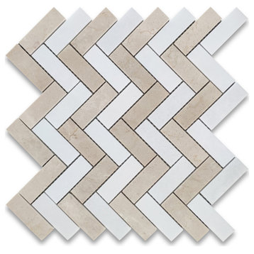 Crema Marfil Thassos White Marble 1x3 Herringbone Wall Floor Tile, 1 sheet