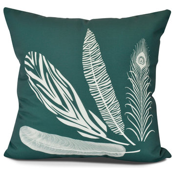 Feathers, Floral Print Indoor/Outdoor Pillow, Dark Green,16 x 16-inch