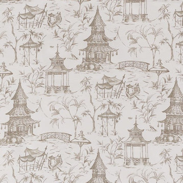 Pagodas Bisque Gray Oriental Toile Scallop Valance Lined Cotton