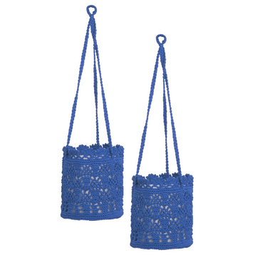 Modé Crochet 8" x 8" x 8" Hanging Baskets (Set of 2), Cobalt Blue
