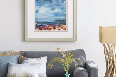 Example of a large beach style open concept living room design in San Francisco with white walls