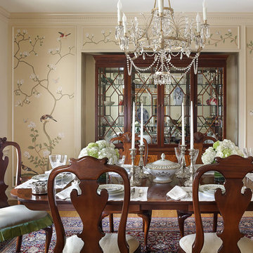 Traditional dining room featuring De Gournay wallpaper